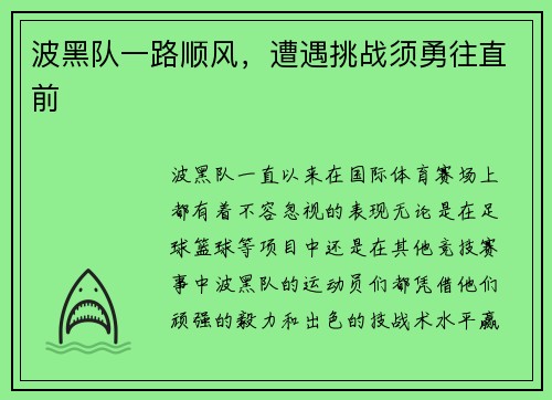 波黑队一路顺风,遭遇挑战须勇往直前