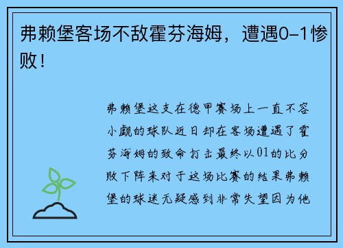弗赖堡客场不敌霍芬海姆,遭遇0-1惨败!
