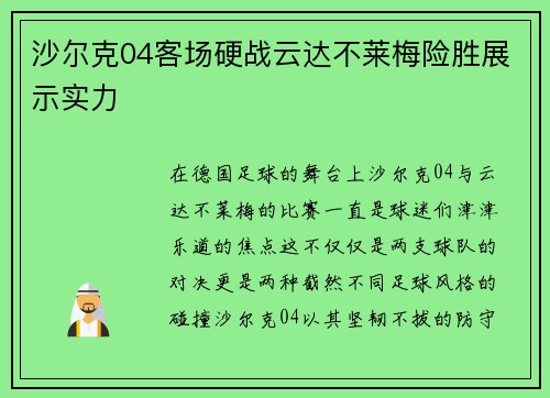 沙尔克04客场硬战云达不莱梅险胜展示实力