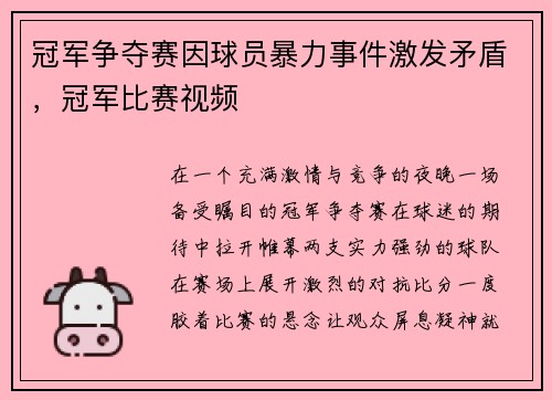 冠军争夺赛因球员暴力事件激发矛盾,冠军比赛视频