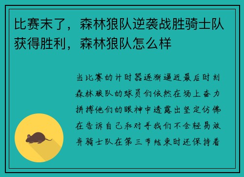 比赛末了,森林狼队逆袭战胜骑士队获得胜利,森林狼队怎么样