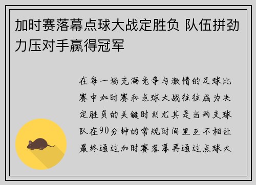 加时赛落幕点球大战定胜负 队伍拼劲力压对手赢得冠军
